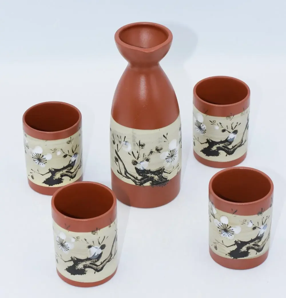 Vintage Japanese Cherry Blossom Hand Decorated Red Stoneware Sake Set - 5pc NEW
